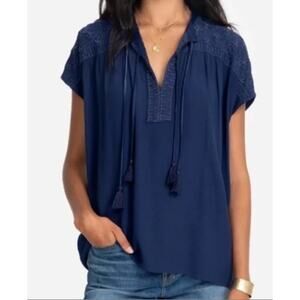 JOHNNY WAS CALME Blue Tassel Embroidered Top Boho